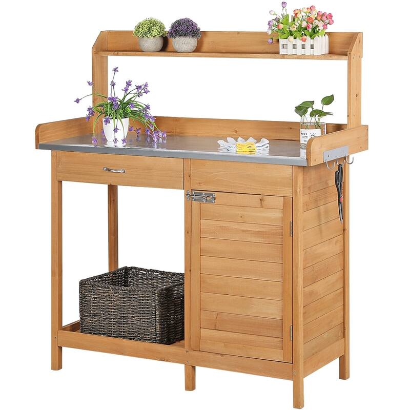 Yaheetech Fir Wood Potting Bench with Metal Tabletop - Yellow