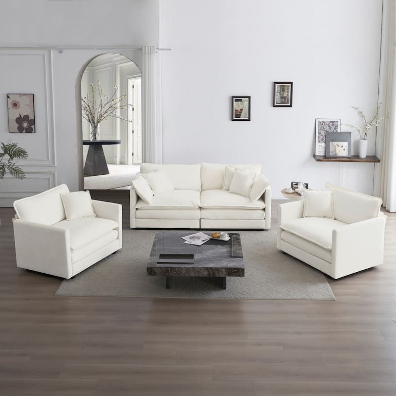 GDFStudio - Lysander Modern Chenille 2 Seater Sofa with 2 Arm Chairs and Pillows - Ameican White Oak