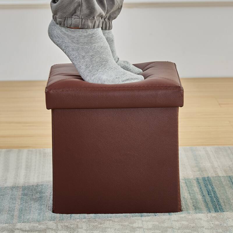 2 PC Storage Folding Ottoman, Storage Footrest Stool, Faux Leather Storage Bench Cube with Padded Seat for Small Space
