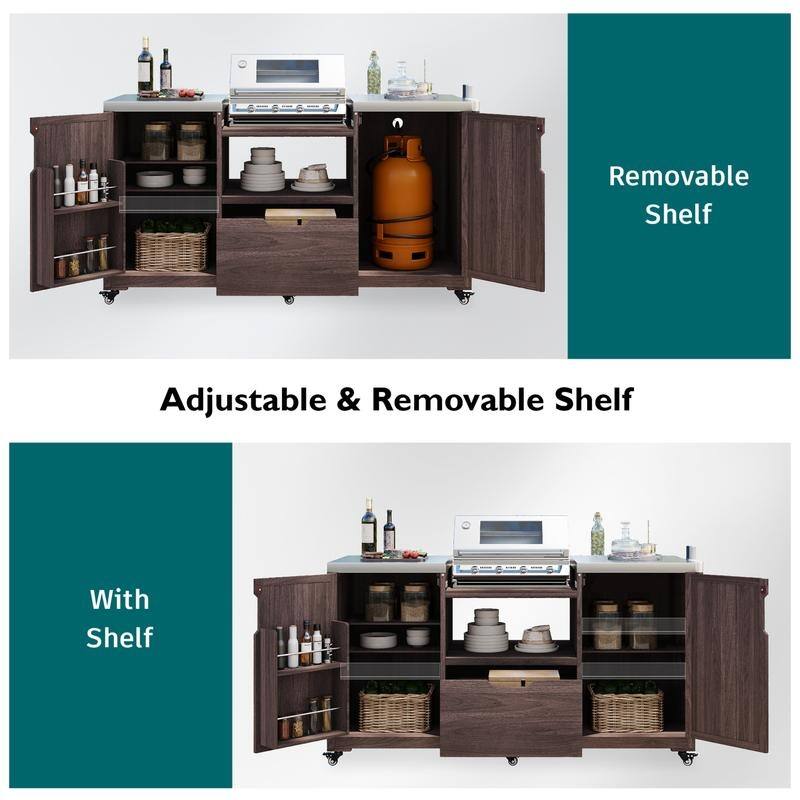 Outdoor Kitchen Island for Big Green Egg Grills, Solid Wood Outdoor Grill Cart w/Stainless Steel Top &Drawer, Patio Kitchen Cart