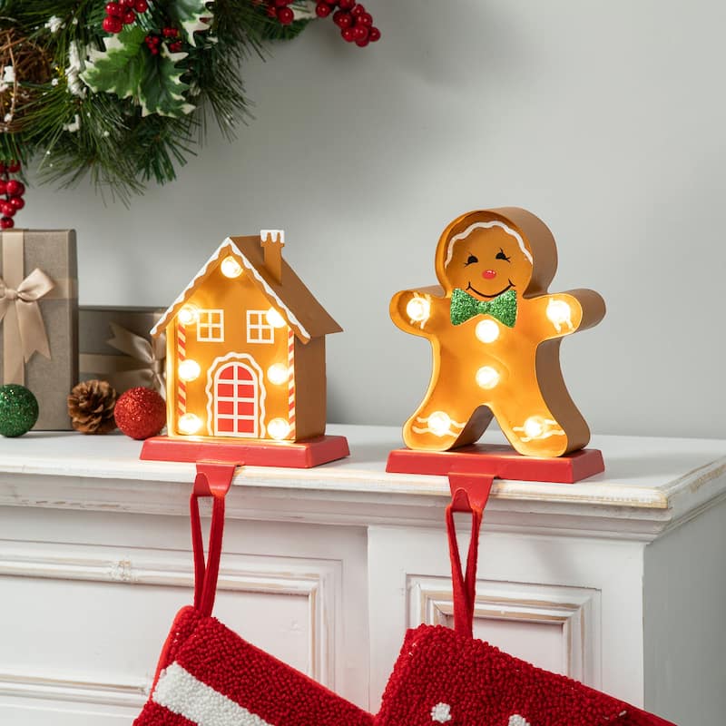 Glitzhome Christmas Marquee LED Gingerbread Man House Stocking Holders with Stockings Mantel Ornament