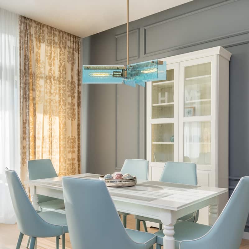 Modern 3-light Blue Water Ripple Glass Chandelier with Gold Frame - L23.6"xW10"xH10" - L23.6"xW10"xH10" - Blue/Gold