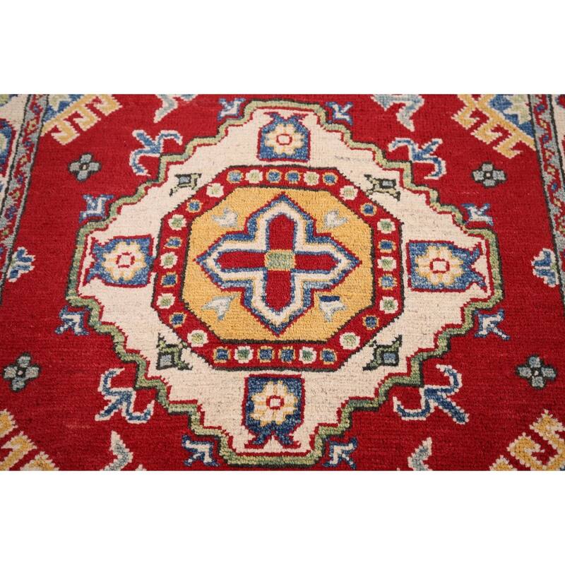 Red Geometric Kazak Pakistan Accent Rug Handmade Wool Carpet - 2'9" x 3'9"