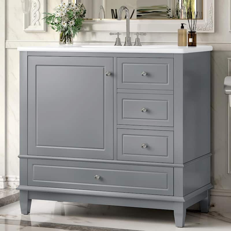 36" Bathroom Vanity with Ceramic Sink, MDF & Solid Wood Base, 3 Drawers and Cabinet with Shelves
