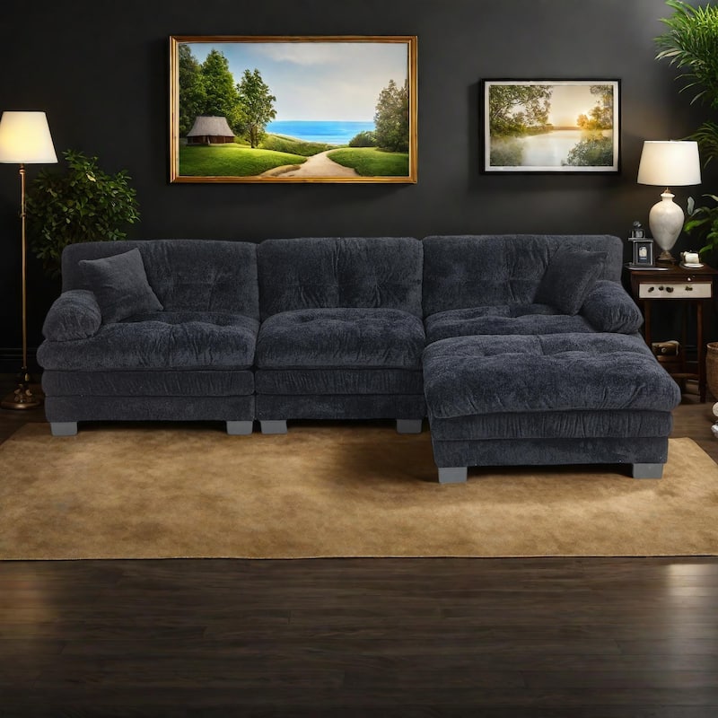 120.87" Chenille L-Shaped Sectional Sofa with Reversible Design, and 3-Seat Sleeper & Ottoman - Dual-Layer Cushion - Black