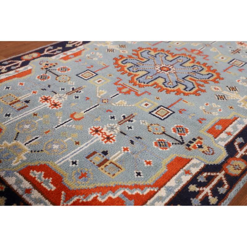 Light Blue Geometric Kazak Rug Hand-Knotted Wool Carpet - 3'0" X 5'2"