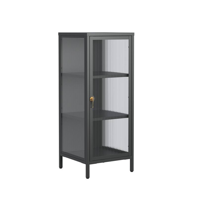 Benoite 40.02-inch Black One Door Metal Storage Cabinet with Fluted Clear Door and Gold Handle - 40.02