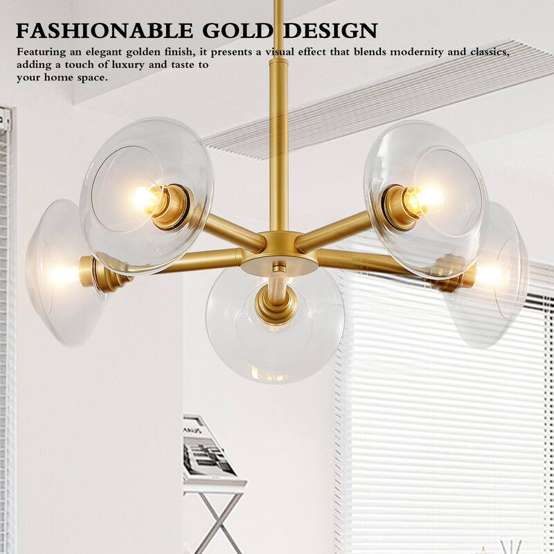 26" Modern Gold 5-Light Sputnik Chandelier with Clear Glass Shades
