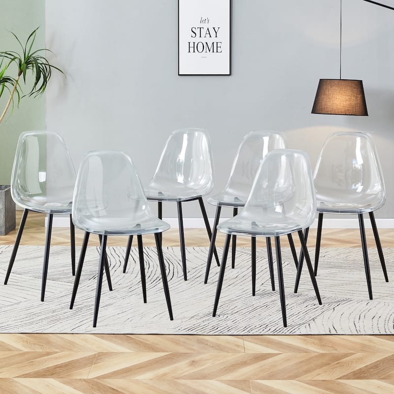 Modern minimalist armless crystal dining chair, plastic chair set of 6 with metal legs