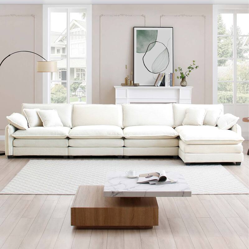 5-piece Oversized Corduroy Upholstered L-Shaped Modular Sectional Sofa with Removable Ottoman and Free Combination