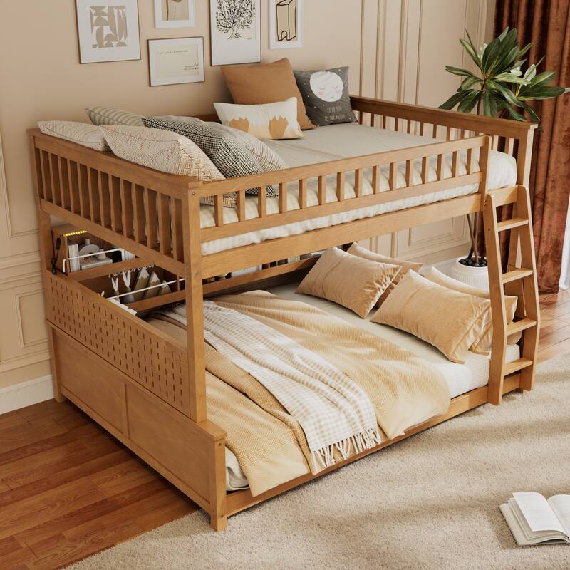 Roomfitters Full XL over Queen Bunk Bed with Storage Shelf, Pegboard and LED Lights