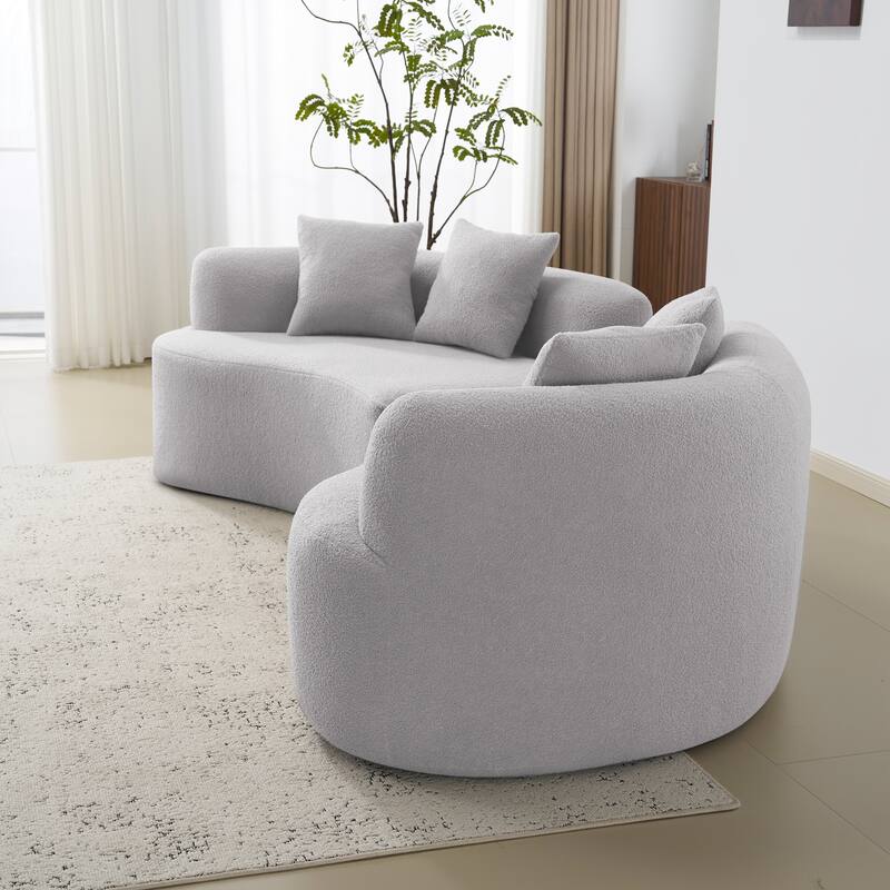 Curved Four Seater Grey Sofa, Teddy Velvet Fabric, No-Assembly for Small Spaces