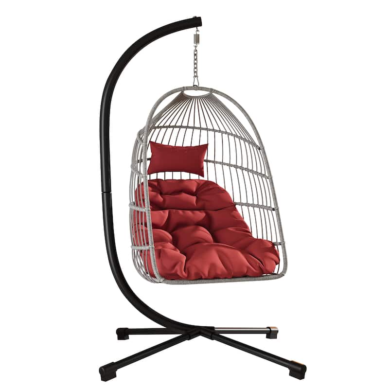 Outdoor Egg Hanging Chair with Stand, Patio Wicker Swing Egg Chair Indoor Swinging Chair Outdoor Hammock Egg Chair red - Black+ Gray,Grey+Red