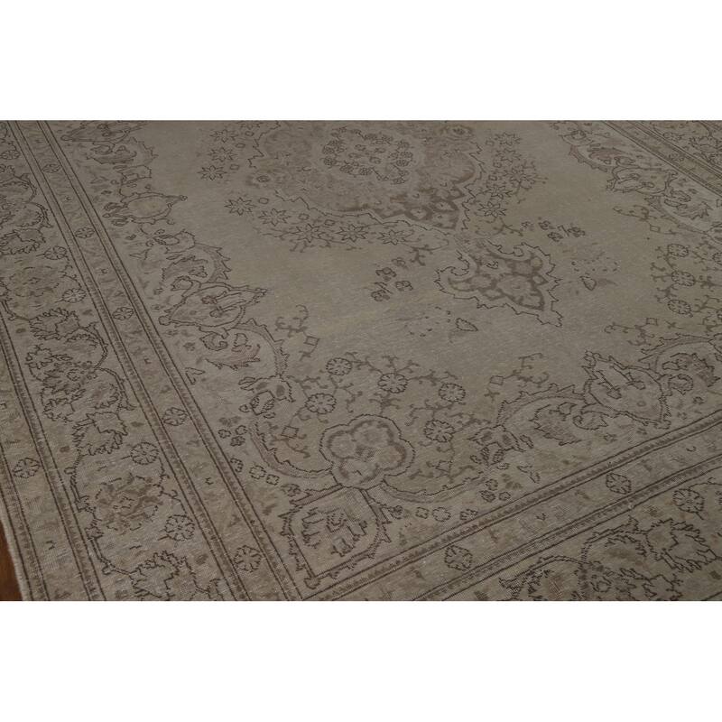 Tabriz Persian Vintage Rug Hand-Knotted Beige Oriental Wool Carpet - 8'2" x 11'2"
