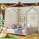 preview thumbnail 2 of 8, Beige Full Size Velvet House Bed with Roof, Pinewood Frame Wood Bed