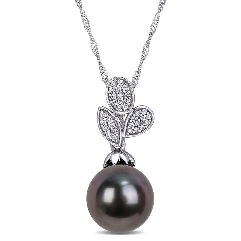 Miadora 9-9.5mm Black Tahitian Cultured Pearl and 1/10 ct TW Diamond Leaf Drop 10k White Gold