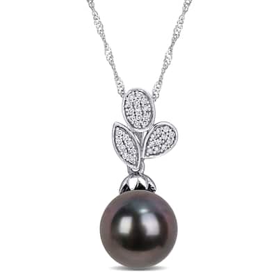 Miadora 9-9.5mm Black Tahitian Cultured Pearl and 1/10 ct TW Diamond Leaf Drop 10k White Gold