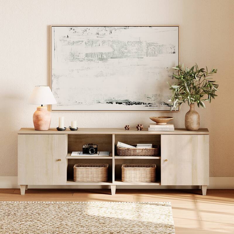 WAMPAT Wooden TV Stand with Doors, Mid-Century Entertainment Center - 1 Pack - Biscotti
