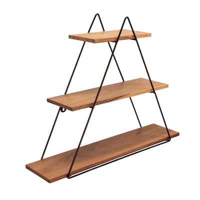 25" Black and Brown Wood Triangular Wall Shelf