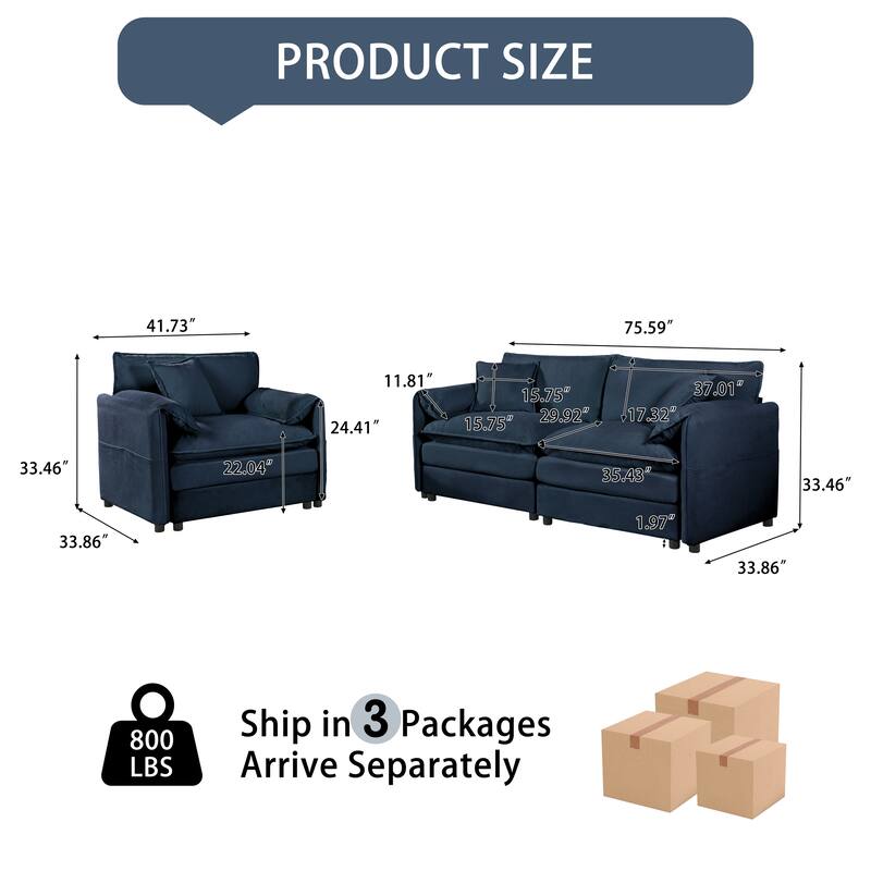 Chenille Upholstered Couches Set of 2 with Loveseat Sofa and Armchair, Deep Seat Sofas with Thickened Seat Cushions and Pockets