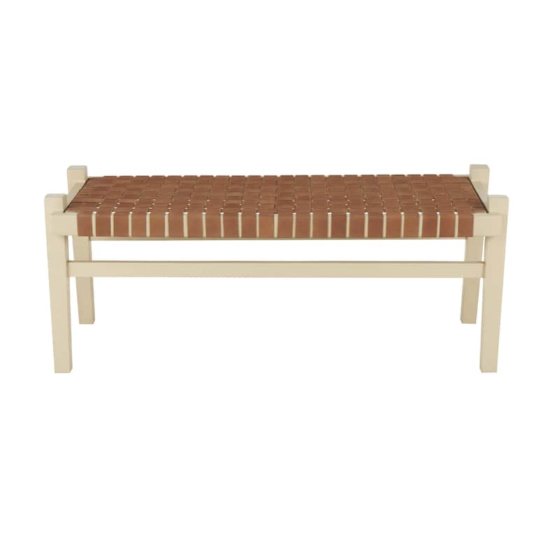 Leather Handmade Woven Seat Home Bench with Beige Wood Base - Brown or Dark Brown - Roche River Decor