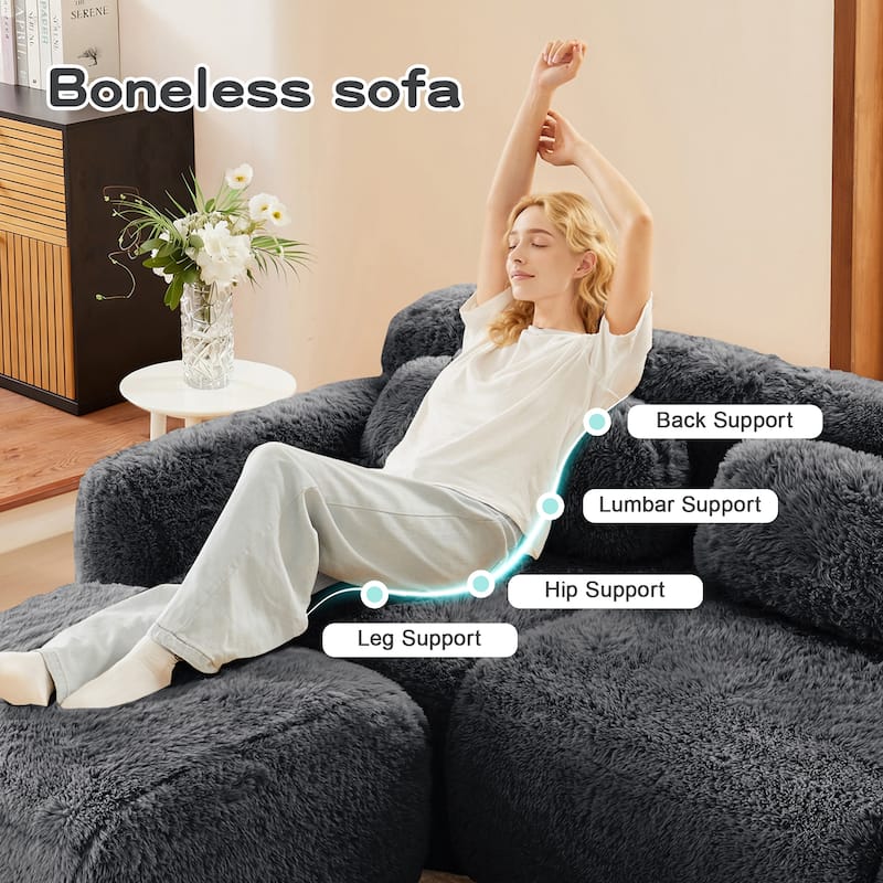 114" Soft And Fluffy Plush Fabric, Modular Sectional Sofa Couches, Ergonomic Design With Ottoman And Throw Pillows