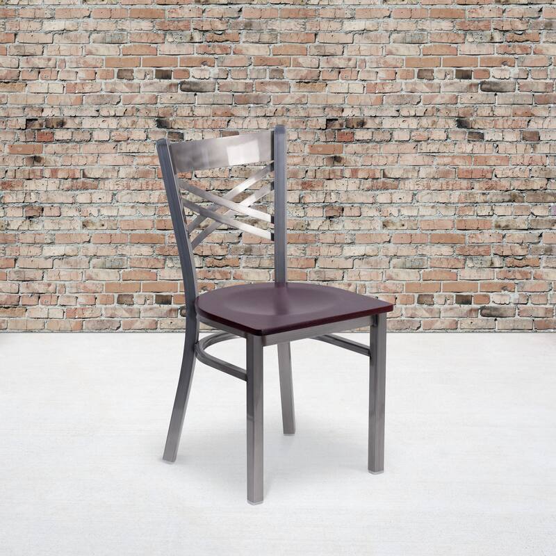 Steel X-back Restaurant Chair - 16.5"W x 17"D x 32.25"H - mahogany wood seat/clear coated metal frame
