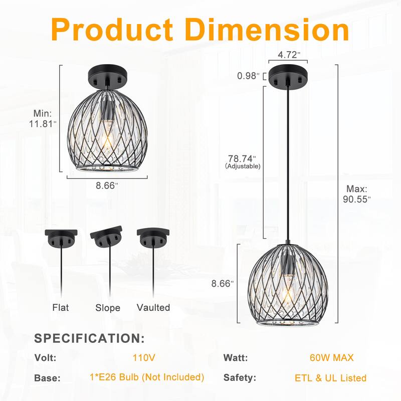 Modern Matte Black Pendant Light with Globe Glass & Wire Cage Kitchen - Dia.8.66-in