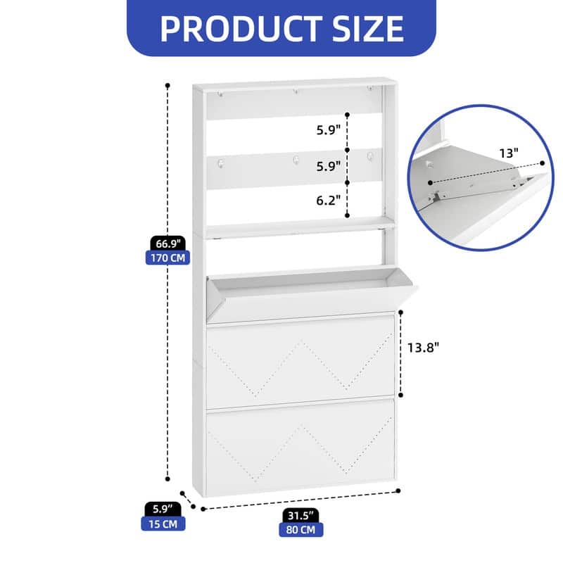 Moasis Wall-Mounted Shoe Cabinet with 3 Flip Drawers, Shoe Organizer with Hanging Bars and Hooks