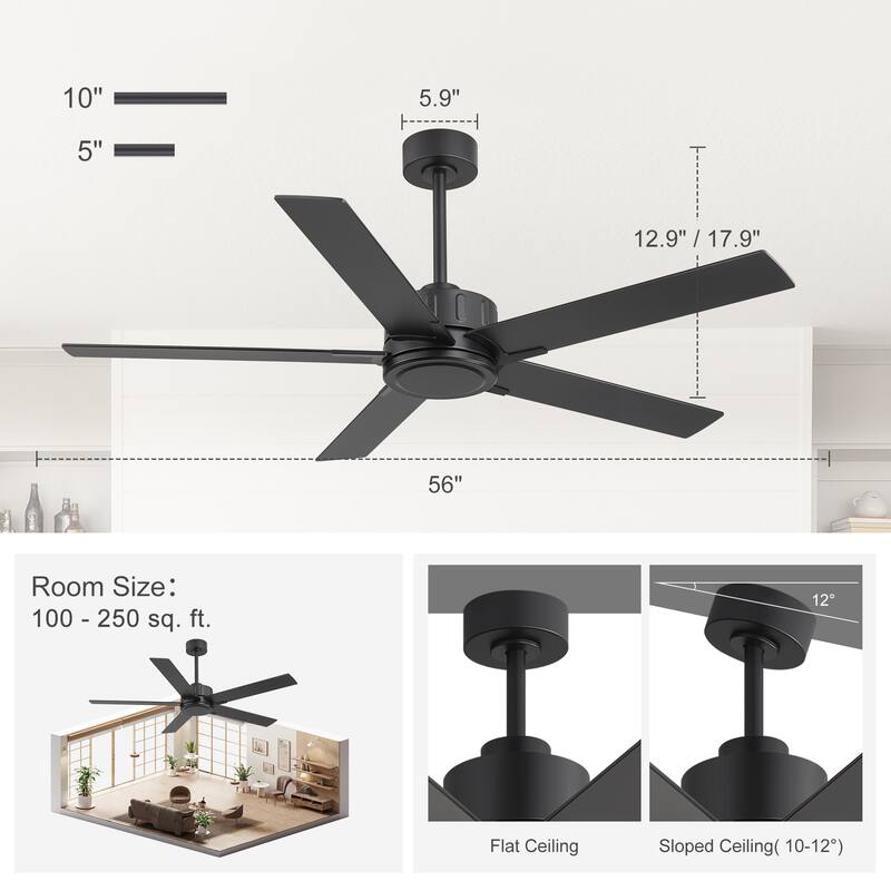 56-Inch Matte Black Ceiling Fan with Remote Control,DC Motor, 6-Speed Reversible Indoor Ceiling Fan with Dual-Finish Blades