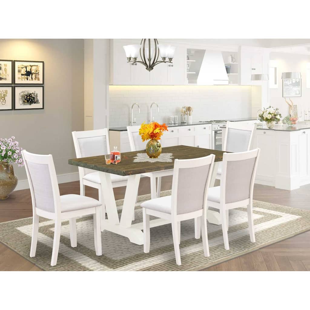 HomeStock 7-Piece Wire Brushed Linen White Finish Solid Wood Top Dining Table with 6 Chairs