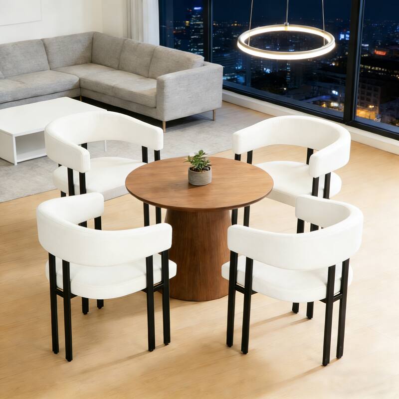 Modern Dining Chairs Set of 2, Faux Leather Upholstered Barrel Chairs with Integrated Curved Back And Armrests, Metal Frame