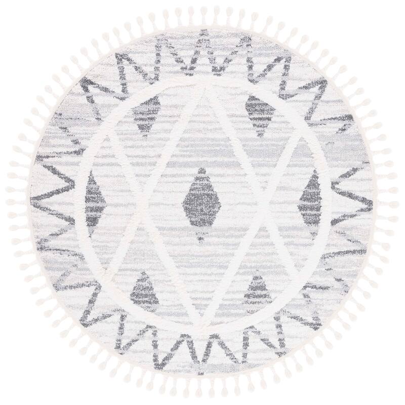 SAFAVIEH Moroccan Tassel Shag Massouma 2-inch Thick Rug - 6'7" Round - Beige/Grey