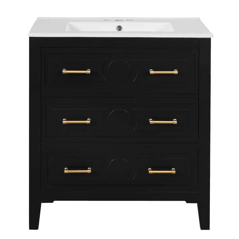 30" Bathroom Vanity with Ceramic Sink, Solid Wood Storage Cabinet, Freestanding 3-Drawer Vanity Set - Black