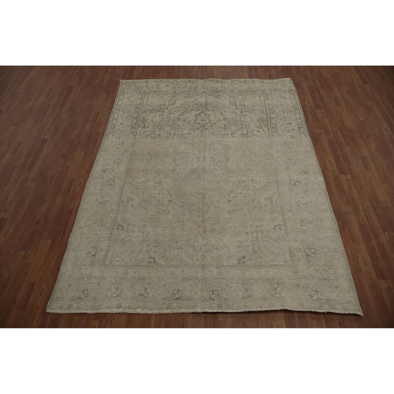Hand Knotted Oriental 100% Wool Carpet Traditional Medallion Beige & Ivories Tabriz Area Rug - 9' 4'' X 6' 9''