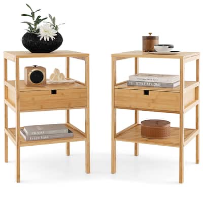 Gymax Bamboo Nightstands Set of 2 w/ Pull-out Drawer and Storage Shelf