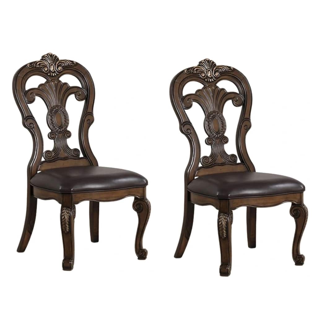 Leova Side Dining Chair Set of 2, Carved Corbels, Gold Tip Crown, Brown Wood