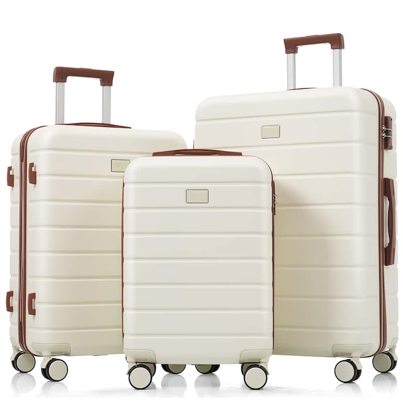 3 Piece Premium ABS Luggage Set, 20/24/28" Hardside Suitcases with 360° Spinner Wheels and TSA Lock, for Men and Women Travel - Ivory+White