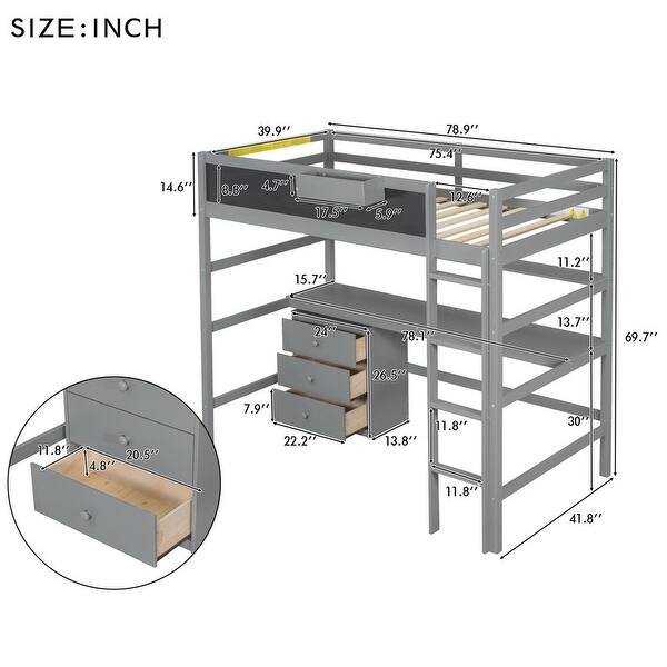 dimension image slide 1 of 2, Twin Size Loft Bed with Desk, Blackboard, Shelf and 3 Drawers