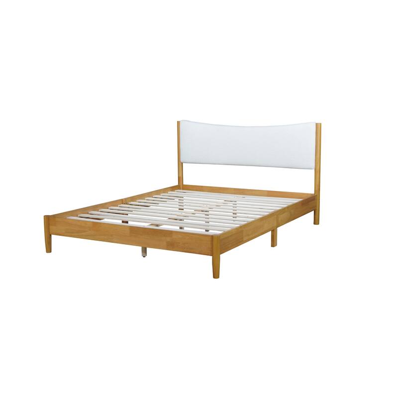 Roomfitters Queen Rubber Wood Bed with Boucle Upholstered Headboard, Reinforced Slat Platform with Support Feet, Natural