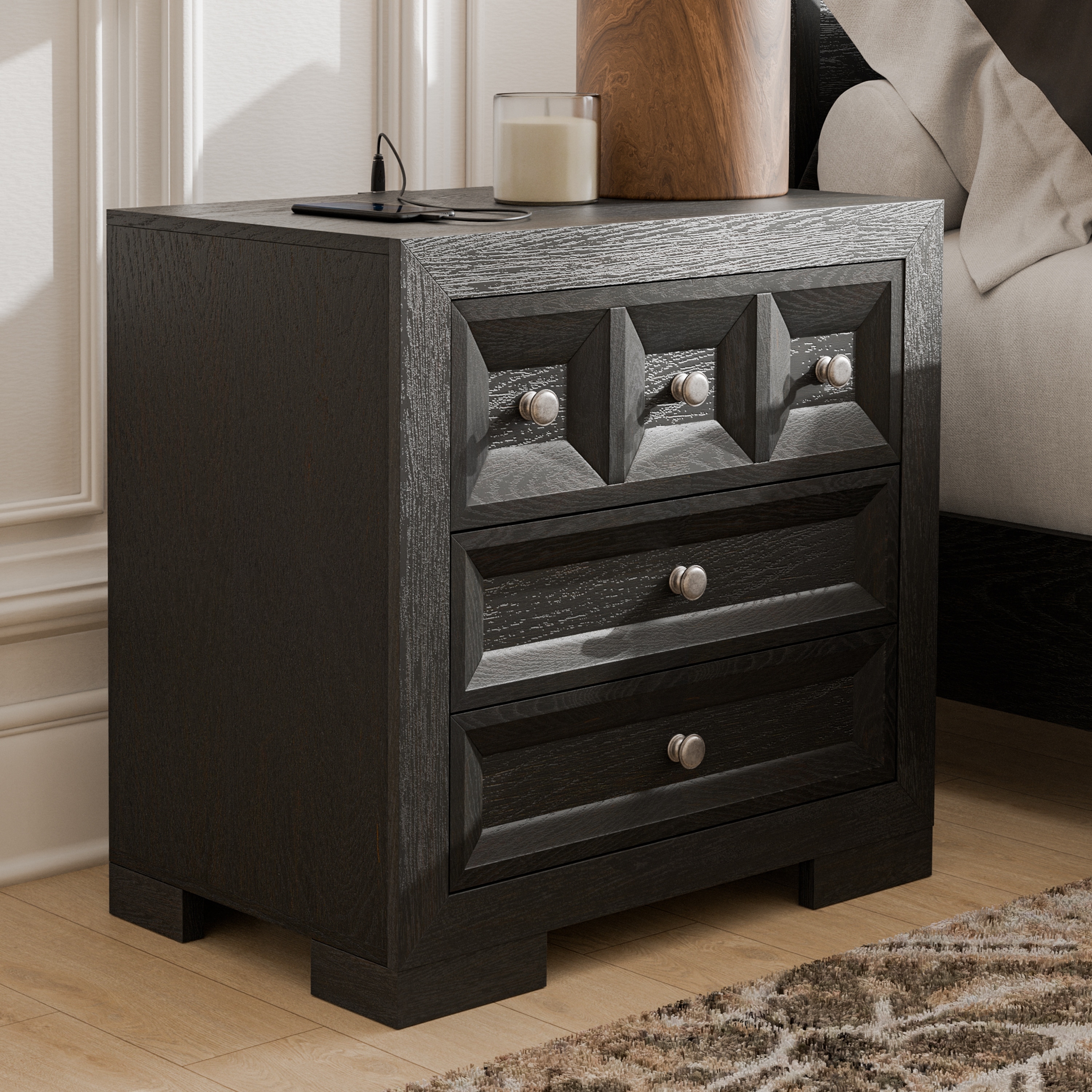 Furniture of America Durem Modern Classic Wood 3-Drawer Nightstand with USB Ports