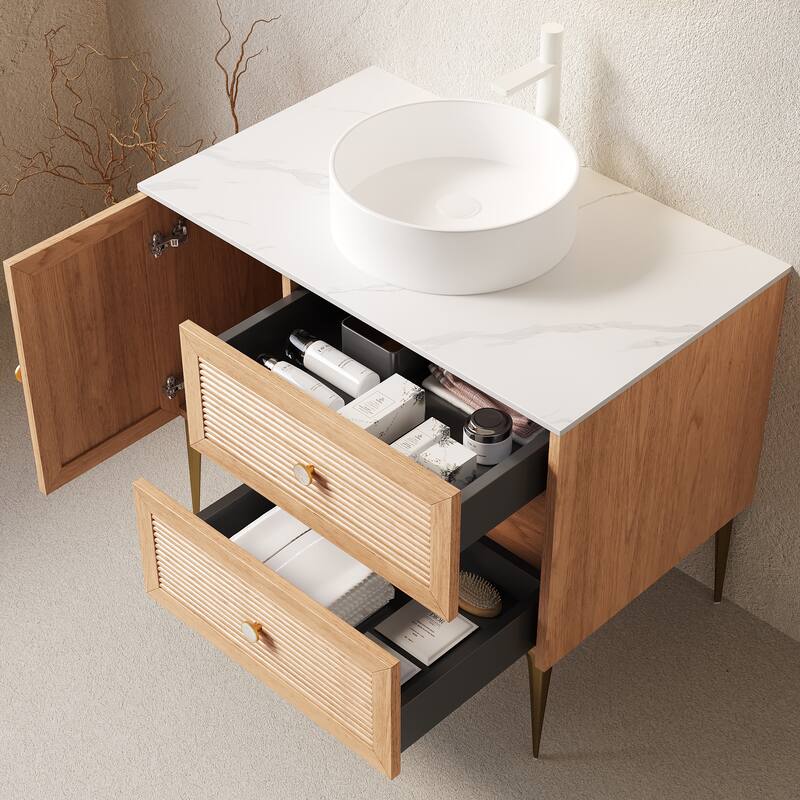 GDFStudio - Munin Freestanding Bathroom Vanity with Ceramic Sink, 4 Metal Legs, Oak Woodgrain Color, WITHOUT Faucet