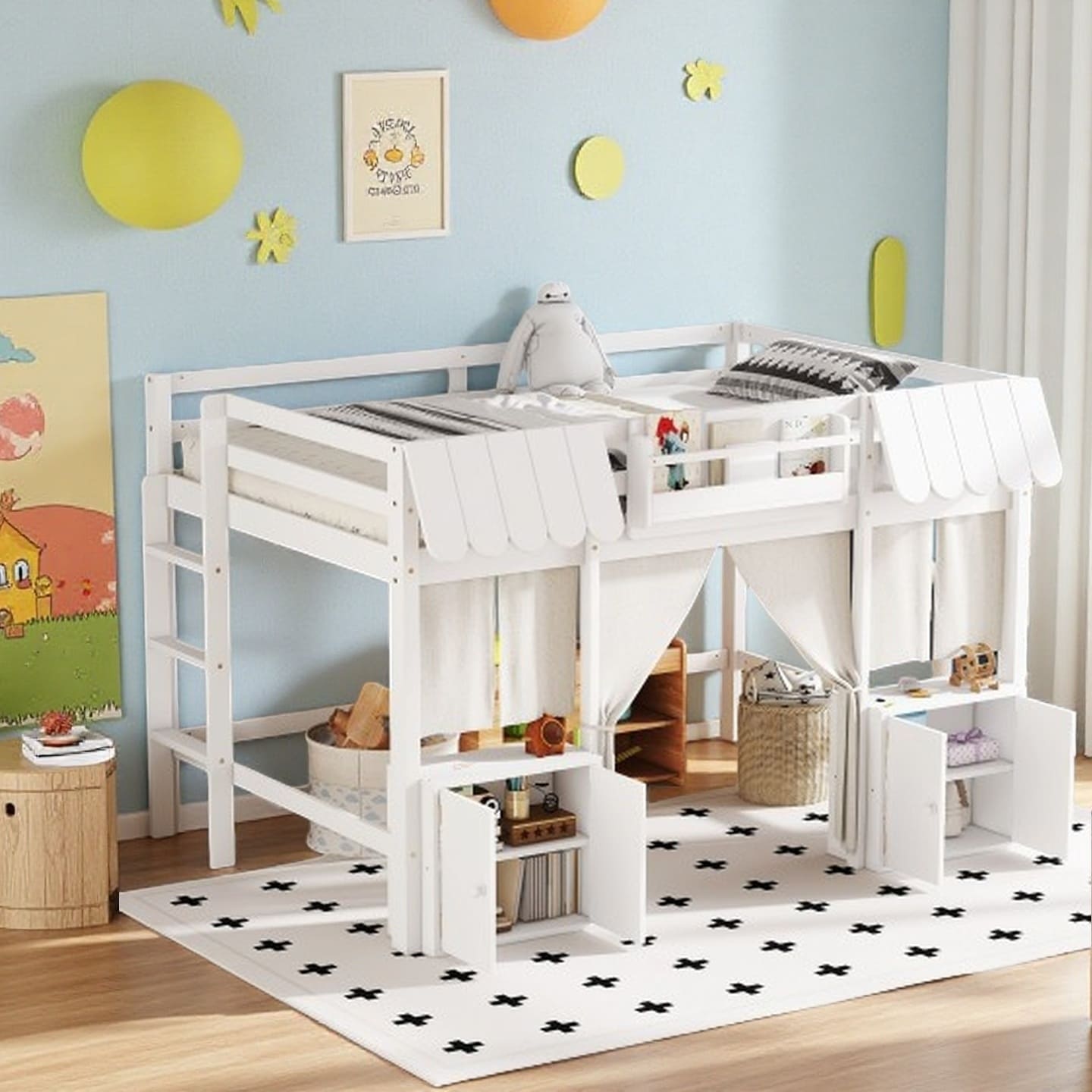 Twin Loft Bed with Cottage-Style Roof, Safety Rails, Built-in Bookshelf, Curtain, and Play Storage