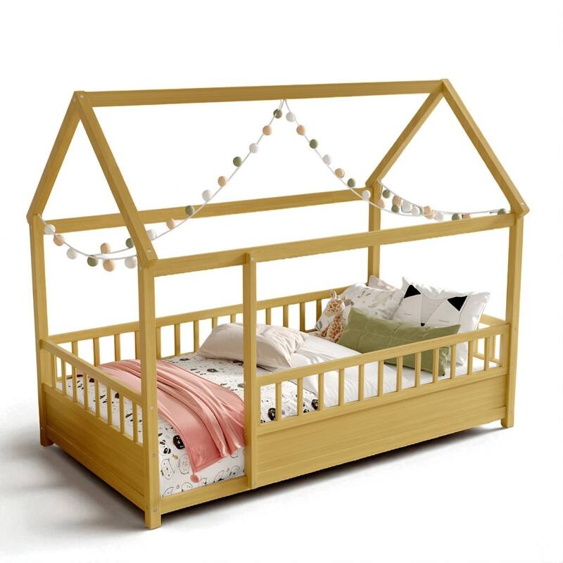 Twin/Full Size Floor House Bed with Fence Guardrails and Roof Frame, Montessori Wooden Platform Design