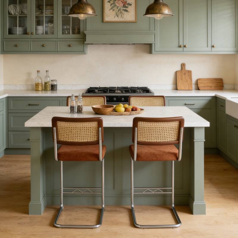 Natural Rattan & Solid Wood Bar Stool Set of 4 - 25" Medieval Modern Style with PU Seat & Chrome Legs