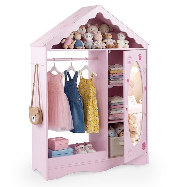 slide 2 of 20, Gymax Kids Dress Up Storage w/ Mirror Roofed Wardrobe Closet w/ Open Pink