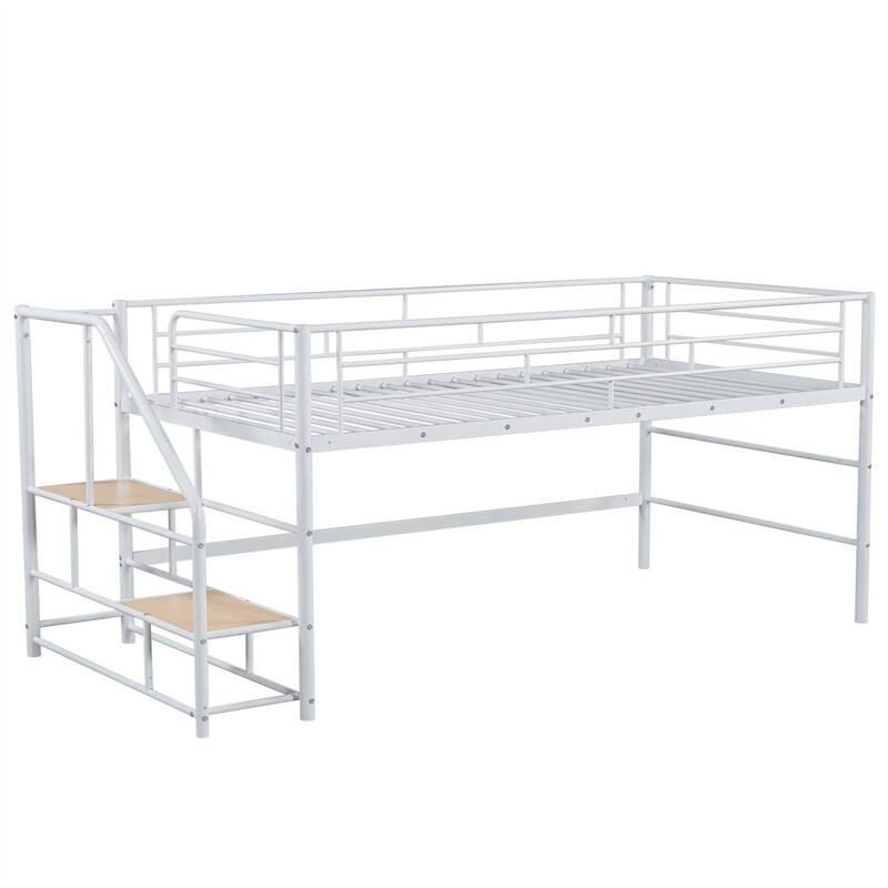 Twin Size Mid Loft Bed with Storage Stairs, Heavy Duty Metal Loft Bed Frame with Guardrails, Kids Playhouse Bed with Slats