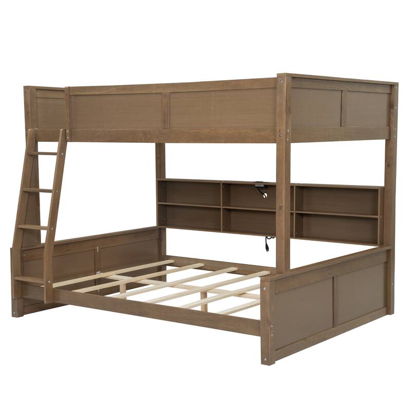 Wood Full XL over Queen Bunk Bed with Shelves, Storage Cabinets, USB Ports, Bunk Bed Frame w/Slats Support, No Box Spring Needed