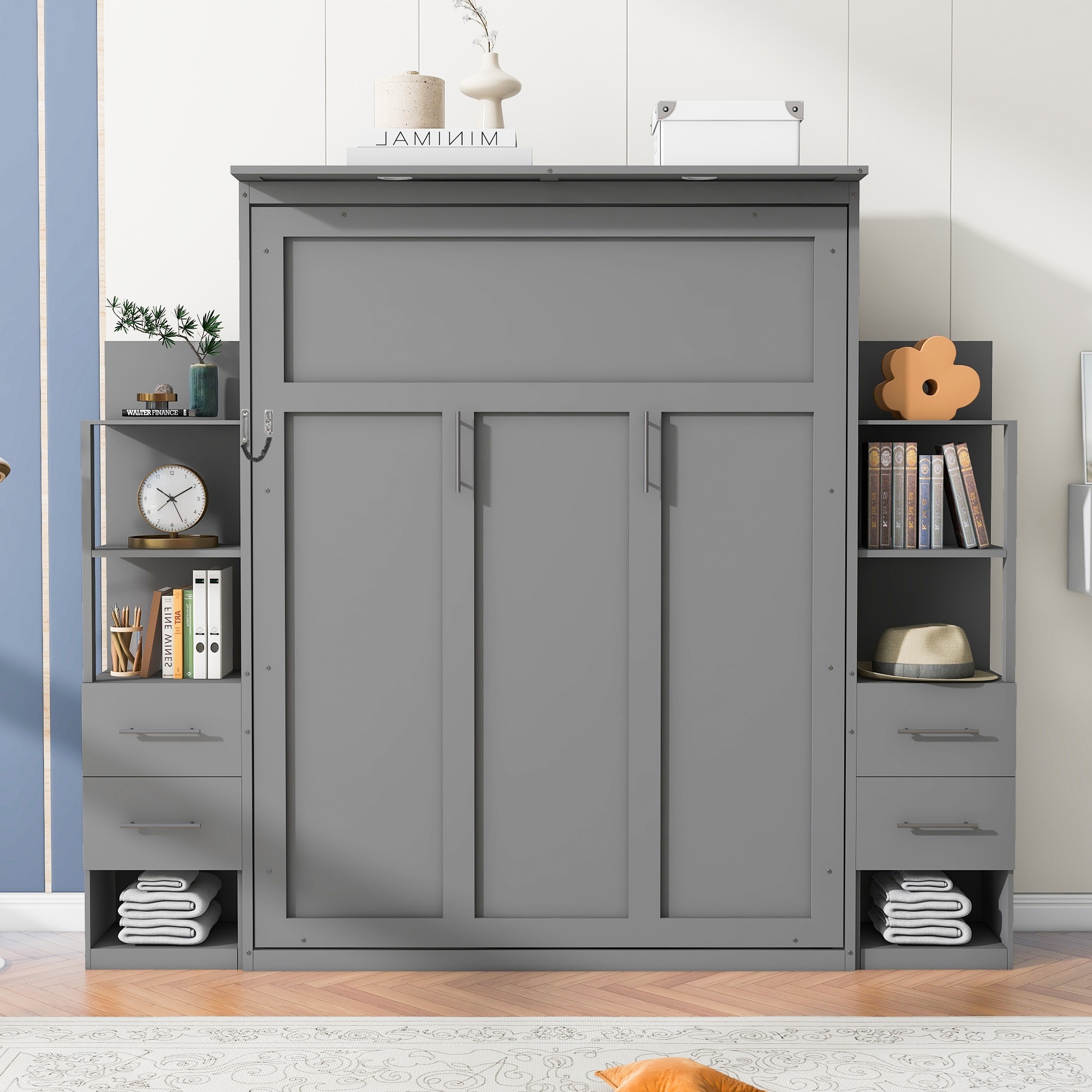 Modern Queen Murphy Wall Bed with Storage Shelves, Drawers, and Built-in LED Lighting