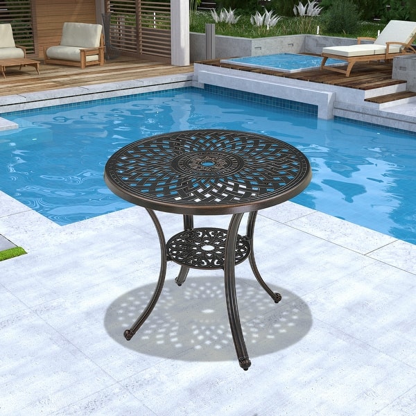 cast aluminum patio table with umbrella hole VIVIJASON Outdoor 61" Dining for 6-8 Person, Large Patio Round Dining Table Lazy Susan, Dark Bronze Rustic Patio Table with 2" for Balcony, Porch leveling feet adjust only for stability Clihome Patio Cast Aluminum Dining